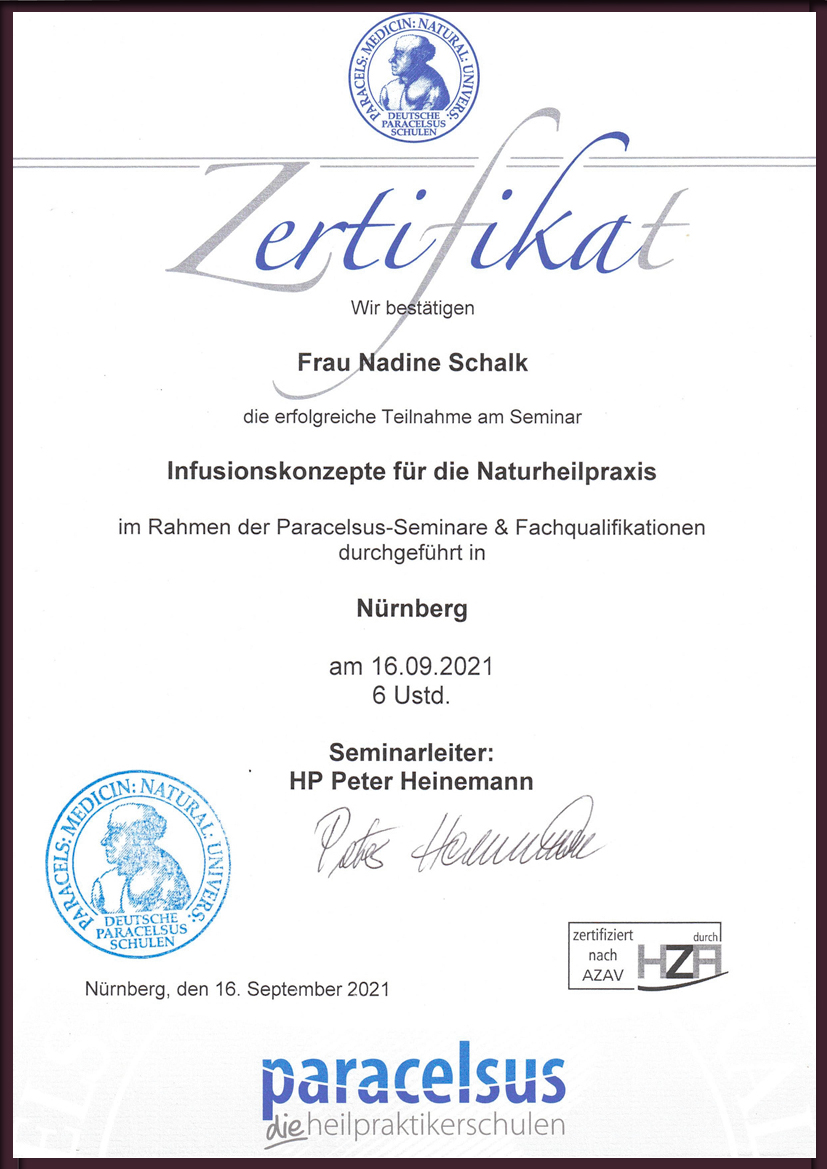 Zertifikat Infusionstherapie von der Paracelsus Heilpraktikerschule