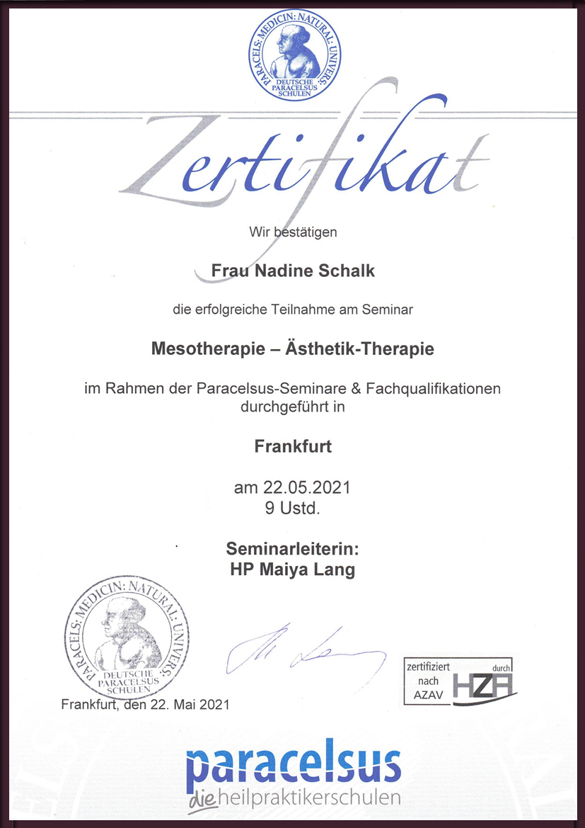 Zertifikat Mesotherapie von der Paracelsus Heilpraktikerschule